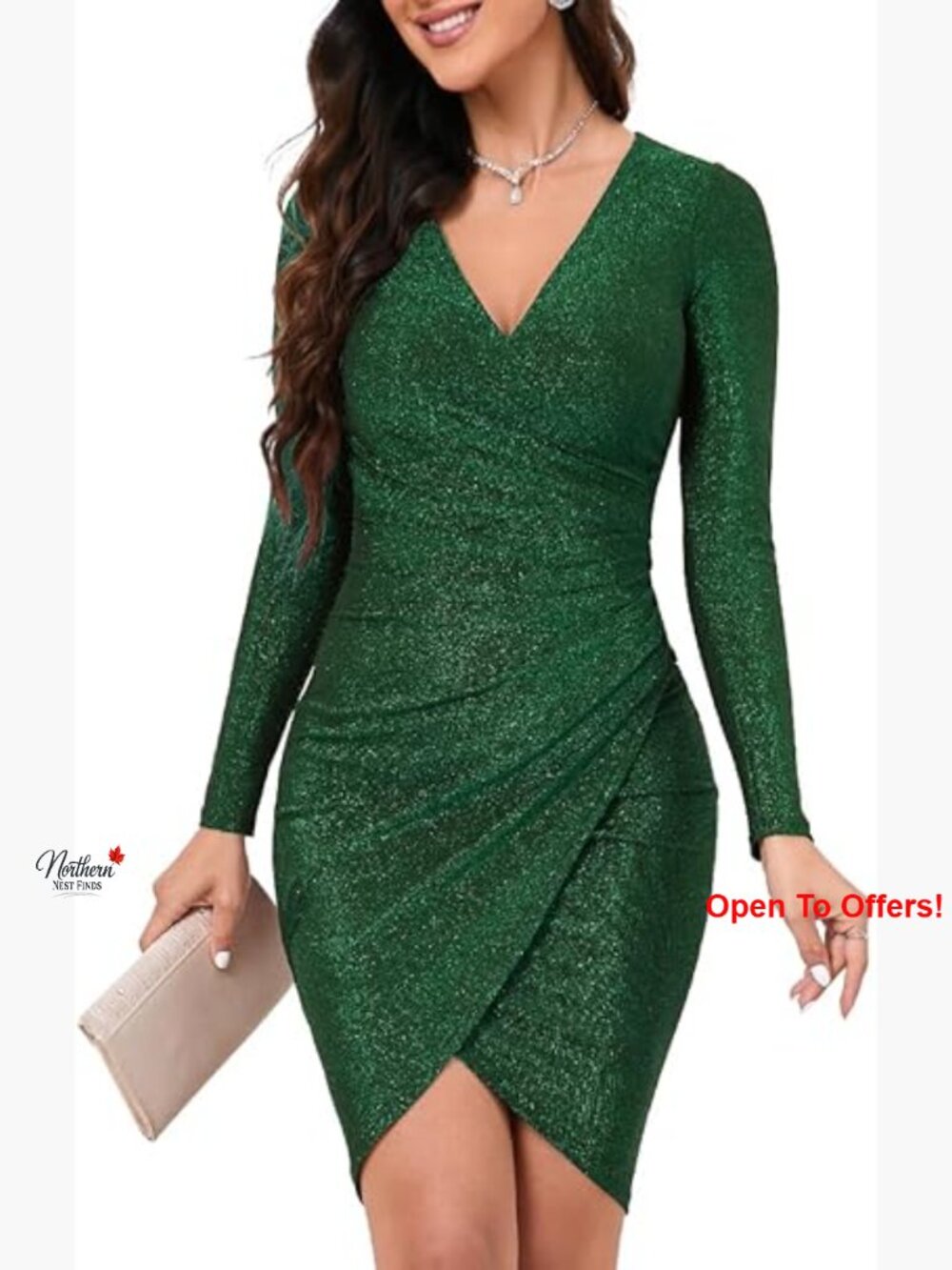 Glitter Faux Wrap Ruched Sheath Bodycon Dress Long Sleeve V Neck